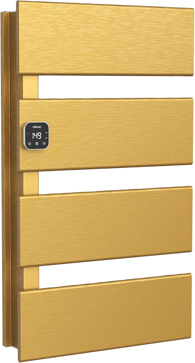 Electric Towel Warmer, Heated Towel Rack with Thermo Control and Timer, Fast Heating Towel Rail for Bathroom with Memroy Function, Work with Smart Plug, Left-Wiring, 4 Panel, Gold