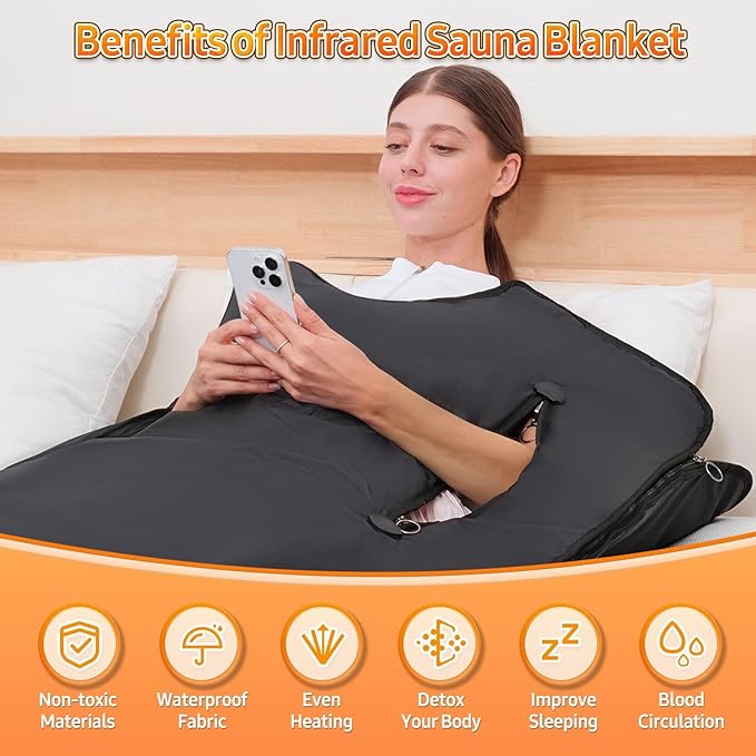 Infrared Sauna Blanket for Home: Portable Design Full Body Detox Therapy with Deep Heat Relaxation - Far Infrared Heating Adjustable 86-176℉ & 20-60 Min Timer 71 x 31.5 Inch PVC