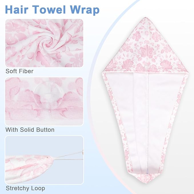 Unicorn Castle Microfiber Hair Towel for Kids 2Pack Hair Wrap Towels Absorbent Hair Drying Towel Wrap Hair Turbans for Curly Thick Hair,Pink Blue Flower