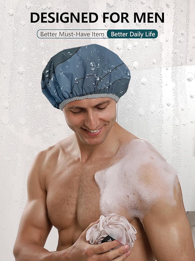 Years calm Men Shower Cap Reusable Waterproof, Dual-Layer Design, Double-Sided Use,Protects Hair in Shower, Spa, Travel & Cooking, Adjustable Elastic for Comfortable Fit (Blue Disguise, One Size)