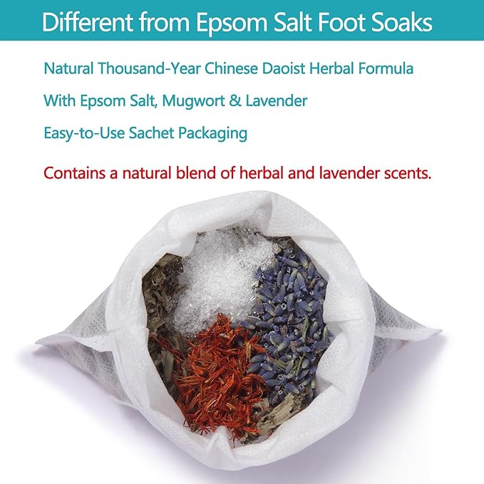 Fasplendor Epsom Salt Foot Soak Sachets with Lavender & Mugwort, Herbal Foot Soak Salts for Tired Feet, Home Pedicure & Relaxing Foot Bath, 10 Sachets