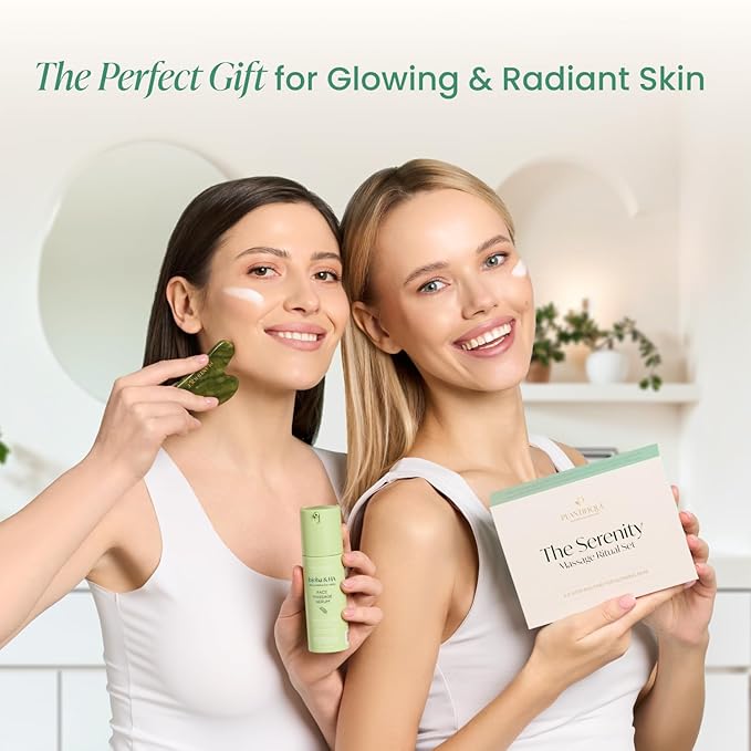 PLANTIFIQUE Massage Set: Jade Gua Sha & Korean Face Serum with Jojoba Oil, Hyaluronic Acid and Niacinamide for Glowing Skin (30ml) - Skincare Gifts for Women, Moms, Teens
