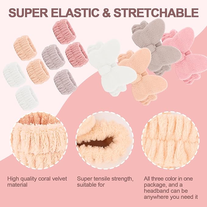 CAVETEE Spa Headband for Washing Face, 4 Pack Fuzzy Skincare Cute Butterfly Hair Band for Shower Yoga Beauty Soft Makeup Skin Care Hair Accessories for Women