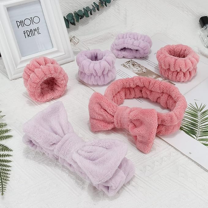 WHAVEL 6PCS Spa Headband and Wristbands Set, Face Wash Headband Wrist Bands for Washing Face Makeup Skincare Hair Band Skin Care Accessories Tools