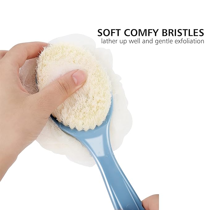 Shower Body Brush with Bristles and Loofah,Back Scrubber Bath Mesh Sponge with Curved Long Handle for Skin Exfoliating Bath, Massage Bristles Suitable for Wet or Dry, Men and Women (Grey)