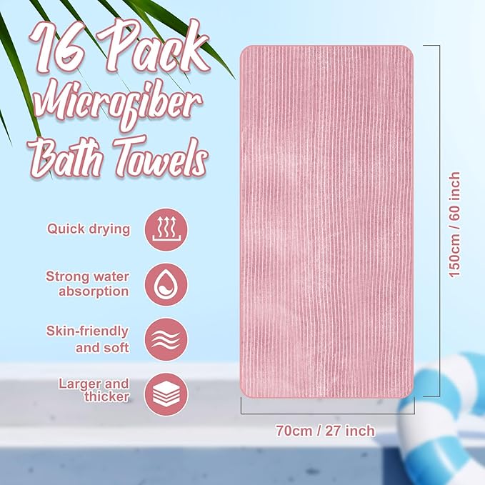 SmoothNovelty 16 Pack Microfiber Bath Towels Bulk 27'' x 60'' Oversized Size Bath Towel Highly Absorbent Extra Large Soft Drying for Beach Shower Summer Salon Sport Gym Party (Pinstripe,Pink)
