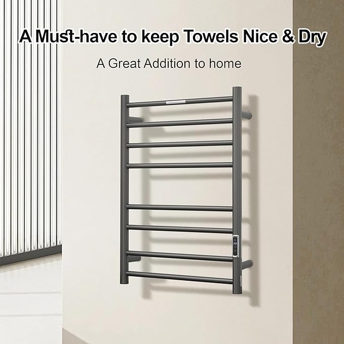 Electric Heated Towel Warmer - Wall Mounted Bathroom Towel Rack, Plug-in Design & Brushed Stainless Steel Finish 8 Bar Gunmetal with Timer & Temperature Control
