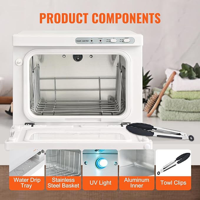 VEVOR Hot Towel Warmer, 8L Small Towel Warmer Cabinet with Clip & Stainless Steel Rack, Holds up 12 Towels, Portable All-Round Heating Cabinet for Spa, Barber, Manicures, Massage, Salon, White