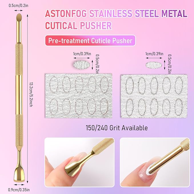 Pre-Treatment Cuticle Pusher, Dual Ended Cuticle Remover Russian Prep Nail Pushers with 100/180 Grit Sandpaper Sheets, Nail Care for Manicure Pedicure Nail Art and Foot Salon Home (Gold)