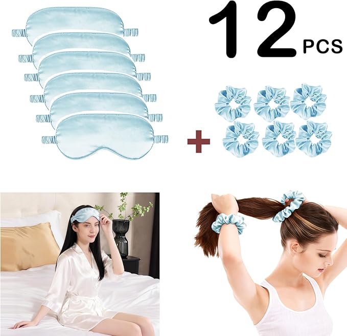 12Pcs Silk Sleep Masks Satin Eye Mask Silky Eyes Cover Blindfold Eyeshade Hair Ties Scrunchy Travel Bridesmaids Gifts
