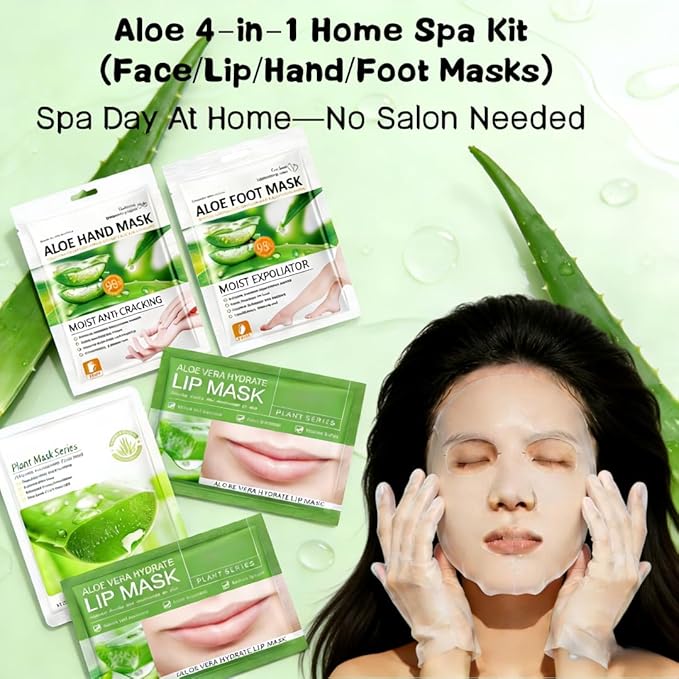 8 PCS Aloe Vera Moisturizing Mask Set - Hand & Foot + Face & Lip Masks, Dry Skin Comfort & Quick Hydration, Plant-Based Skincare Thoughtful Holiday Gift for Her, Suitable for All Skin Types,