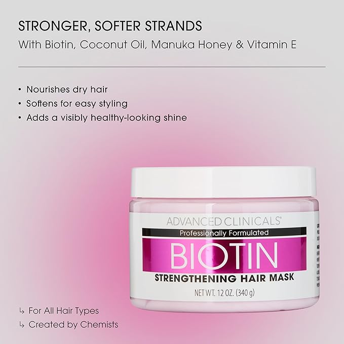 Advanced Clinicals Biotin Hair Treatment Anti-Breakage Repair Hair Mask. Strengthen Broken, Color-Treated Hair W/Repairing Deep Conditioner Manuka Honey & Caffeine To Restore Weak Hair, (Pack Of 2)