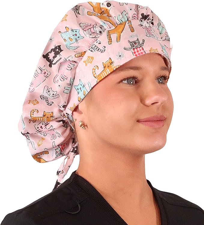 Sparkling EARTH Banded Bouffant Surgical Scrub Ponytail Working Caps and Built-in Sweatband - 100% Cotton - Made in The USA