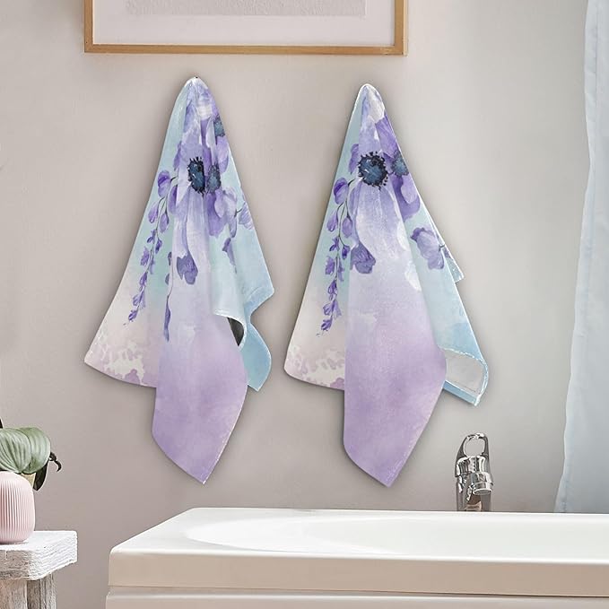 Purple White Violet Floral Hand Towels for Bathroom Set of 2,Watercolor Vintage Flower Bouquet Decorative Bathroom Towels for Bath,Face,Hair,Soft Absorbent Dish Towels for Kitchen 28"x14"
