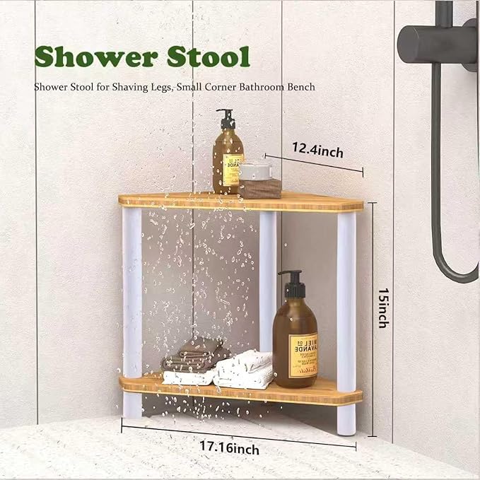 2-Tier Bamboo Corner Shower Caddy, Waterproof Bathroom Corner Storage Organizer with Anti-Slip Feet, Freestanding Corner Shower Shelf with Seat for Small Spaces,White