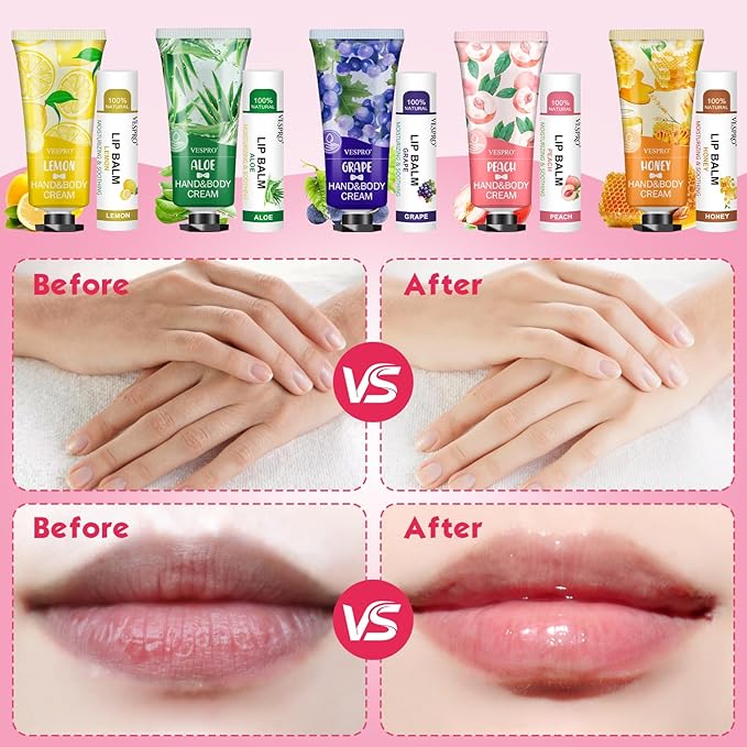 VESPRO 10 Pack Bulk Hand Cream and Lip Balm Sets, Mothers Day Gifts for Mom, Teacher Appreciation Gifts, Nurses Week Gifts, Thank You Gifts and Birthday Gifts with Thank Card Organza Bags