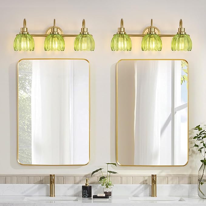 Bathroom Light Fixtures (3-Light, 20 Inch), Brushed Gold Vanity Lights for Bathroom with Ribbed Green Tulip Glass Shade, Vintage Vanity Wall Lights for Mirror Bedroom Living Room Hallway