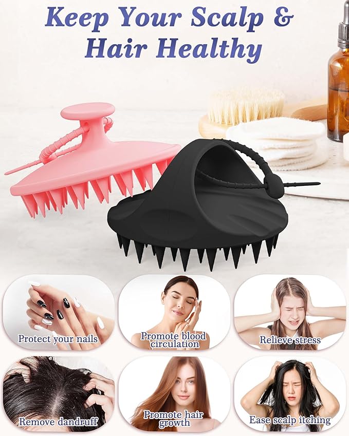 Manmihealth Large Hair Scalp Scrubber, One-piece Silicone Scalp Massager for Wet Dry, Long Bristles Shampoo Brush for Dandruff Removal and Hair Growth with Free Strap&Hook.(Pink+Black)