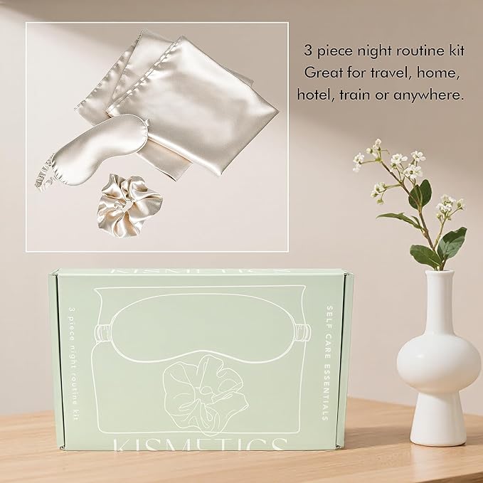Vegan Silk Sleep Set, Vegan Silk Pillowcase with Large Scrunchie and Eye Mask for Hair and Skin, Self Care Essential Satin Night Routine Kit (Champagne Color)