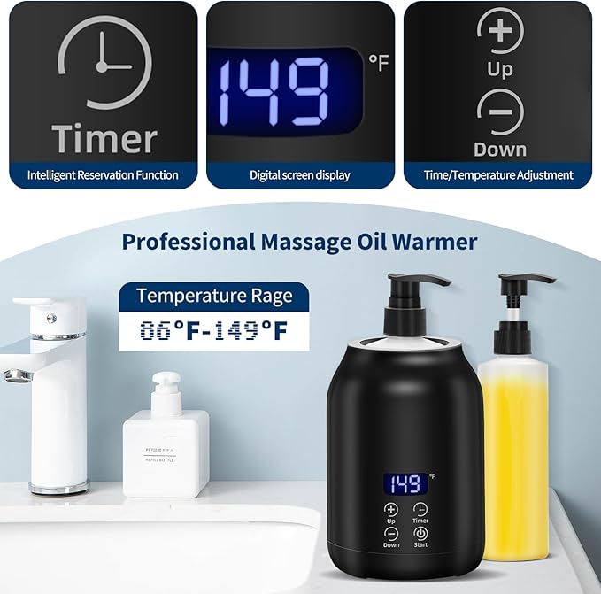 Massage Oil Warmer, Yofuly Electric Massage Oil Digital Heater with Two Oil Bottles, Portable Body Lotion Warmer Cream Heated Dispenser for SPA, Salon and Home Use, Black
