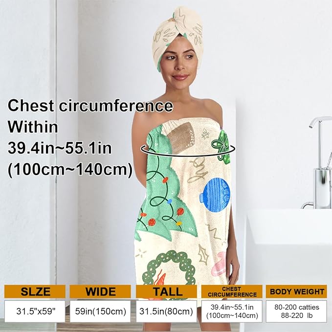 Christmas Bath Wrap and Hair Drying Towel Set – Holiday Shower Skirt with Elastic Snap Closure, Microfiber Absorbent Quick Dry Spa Wrap with Festive Prints
