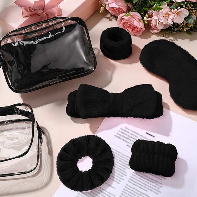 Hoteam 10 Pcs Spa Party Supplies Gift for Mother's Day Sleepover Party Favor Spa Headband Wristband Sleep Eye Mask Velvet Scrunchies for Skin Care Makeup Slumber Night Favor(Black)