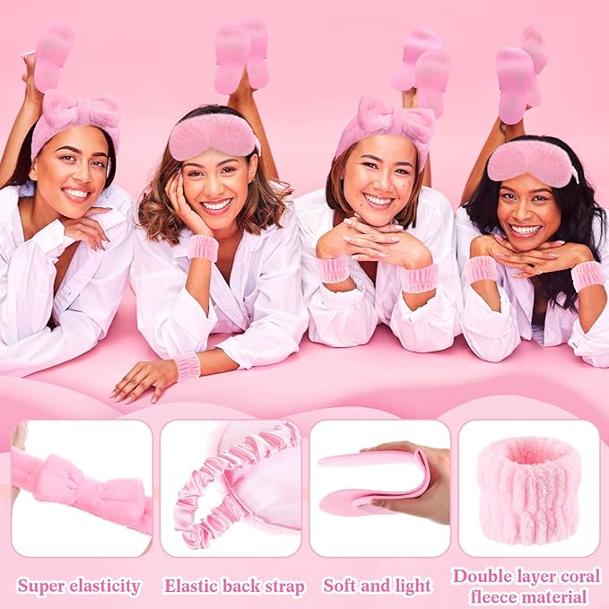 Moucuny 42 Pcs Summer Spa Sleepover Party Supplies Bulk for Women Include 6 Pink Hairbands 6 Eye Masks 12 Wristbands 6 Bath Loofahs 6 Pairs Disposable Slippers 6 Organizer Bags(Classic)