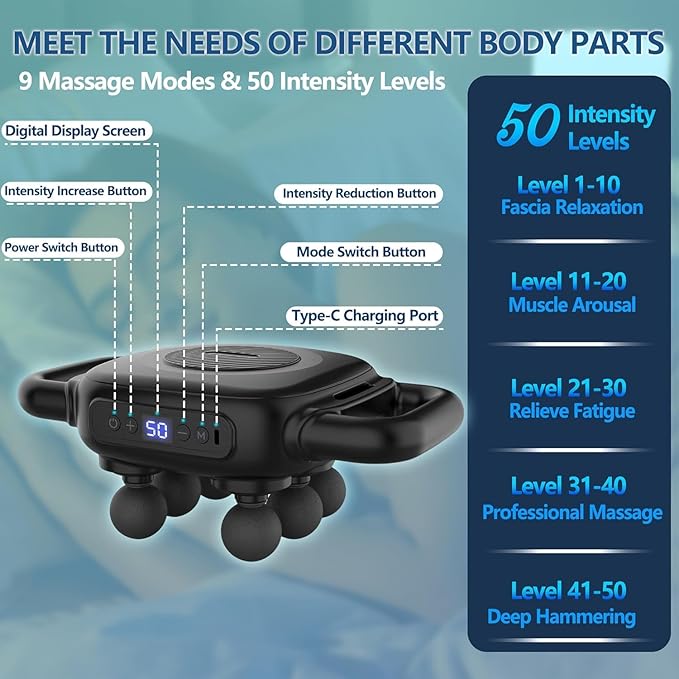 UFFAE Six Head Massage Gun, 50 Intensity Levels & 9 Massage Modes, Equipped with 3 Different Massage Heads, Massage Gun with Adjustable Belt Ideal Gifts for Women, Men, Mom, and Dad