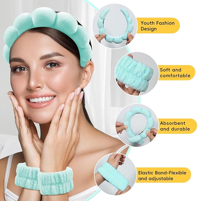 my novel things Spa Headband For Washing Face with Hair Clips Wristbands 6PK for Women Girls Gift, Soft-Puffy Velvet Makeup Headbands for Makeup, Skincare (Green)