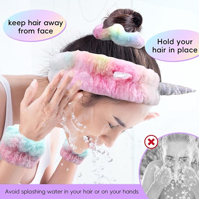 my novel things Face Wash Headband Set With Wrist Bands and Hair Scrunchie - Cute Rainbow Elastic Spa Hair Bands for Washing Face, Makeup, Skincare