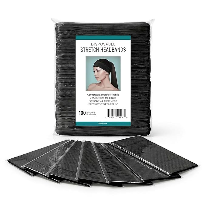 APPEARUS Disposable Stretch Facial Headbands, 100 Count, Snag-Free Adhesive Tab Closure, Spa, Estheticians, Waxing and Lash Extensions, Black