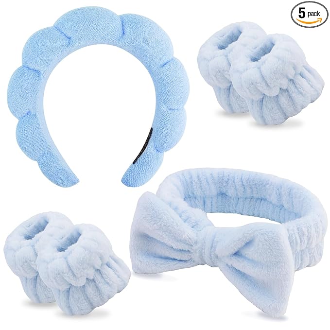 Chanaco Hairband, Soft & Comfortable Microfiber Facial Headband for Washing Face, Skincare Headband with Bow, Spa Headbands for Women, Teen Girl Gifts, Set of 2 Headbands and 4 Wristbands