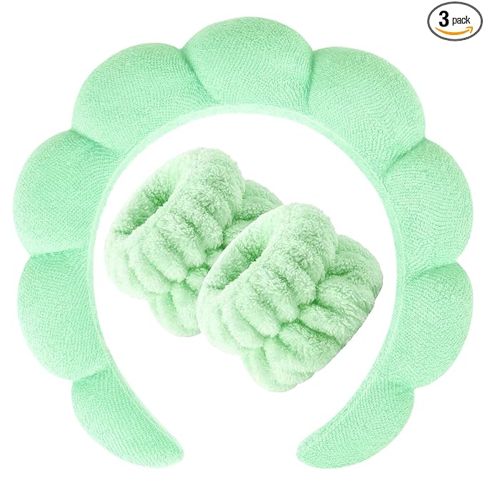 Zkptops Spa Headband for Washing Face Wristband Set Sponge Makeup Skincare Terry Cloth Bubble Soft Get Ready Hairband for Women Girl Puffy Padded Headwear Non Slip Thick Hair Accessory(Light Green)