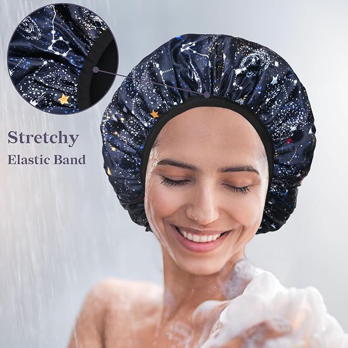 Navy Astral Print Satin Shower Cap, Three-Layer Terry Cloth Lined, with Silk Hair Ties, Microfiber Waterproof Reusable Large Size Shower Cap for Women Long Thick Hair