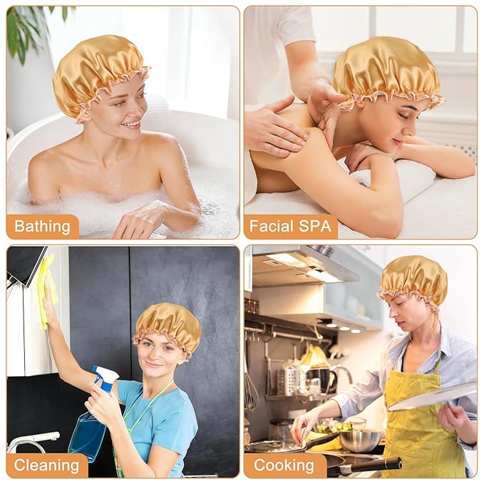 Waterproof Shower Caps for Women, Solid Color Dual-Layer Elastic Band Design Bath Hair Hat, Protects Hair In Shower, Spa, Cooking, Clean & Travel (Champagne)
