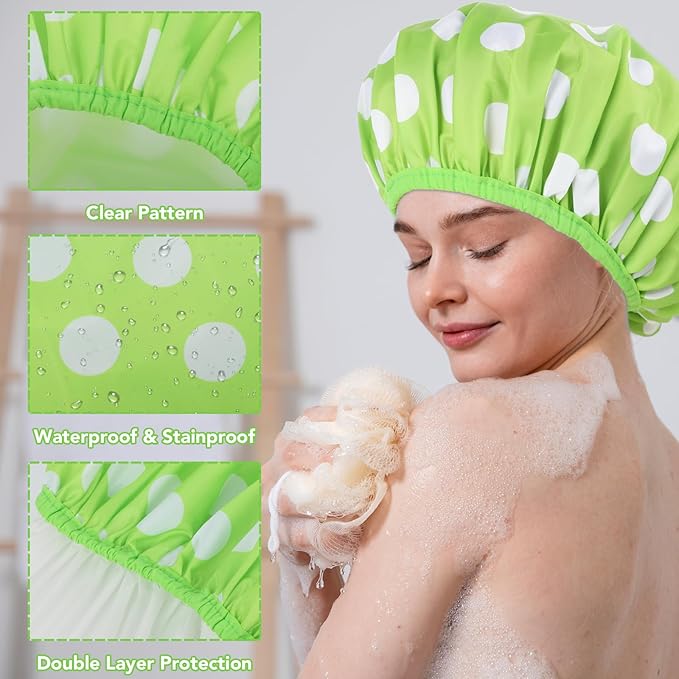 WSICSE 2 Packs Large Shower Caps for Women, Reusable Waterproof Shower Cap Bath Caps with Hair Scrunchies for Long Thick Hair (Cyan/Yellow)