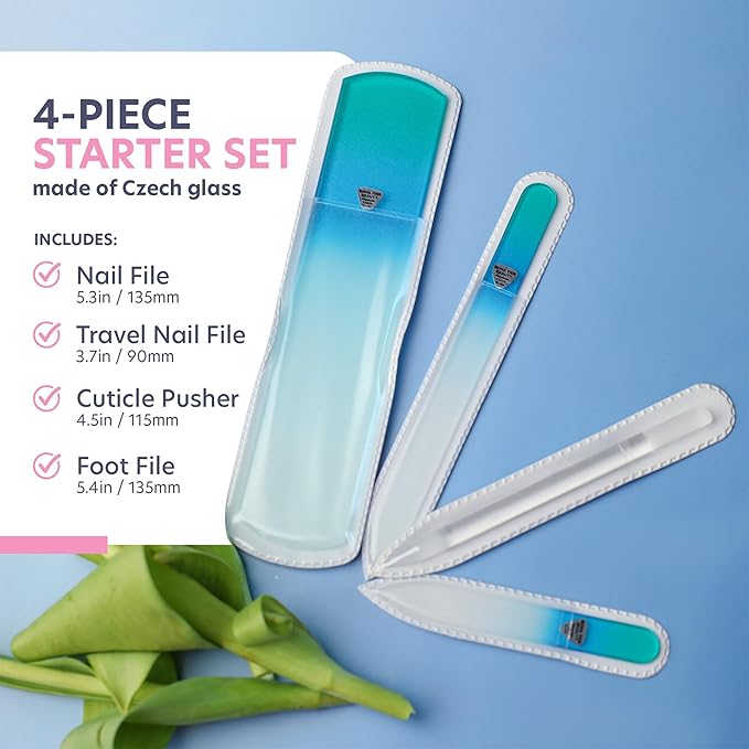 Bona Fide Beauty Handmade Czech Glass Manicure Pedicure Gift Set for Women, 4PC Gift Set in Blue with Glass Foot File, Cuticle Pusher, Mini File and Regular Nail Filer