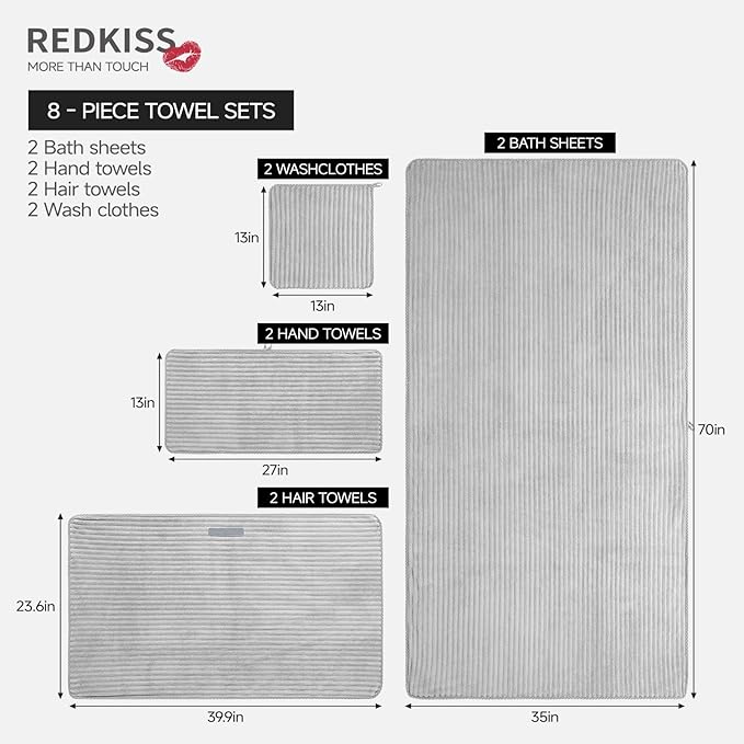 REDKISS Gray Bath Towels Set 8 Piece - Microfiber Bathroom Towels of 8 Large, Highly Absorbent Bath Towel, Soft Shower Towel for Bathroom, Hotel 2 Bath Sheet 2 Hand 2 Washcloths 2 Hair Towel Wrap