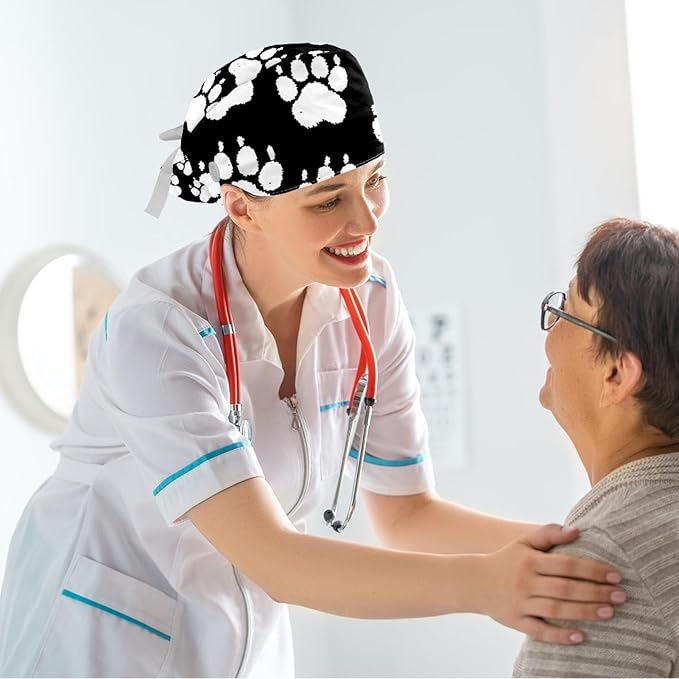Ethnic Aztec Pattern Adjustable Scrub Cap Hat with Button, Working Hat Sweatband with Bow Hair Scrunchy for Woman