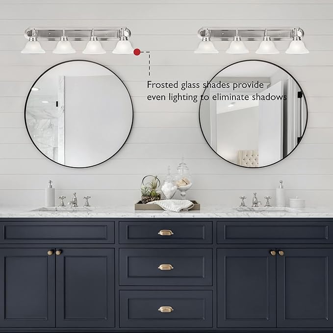 Design House 519215 Millbridge Vanity Light Dimmable with Frosted Glass for Above Bathroom Mirror, Satin Nickel, 4-Light