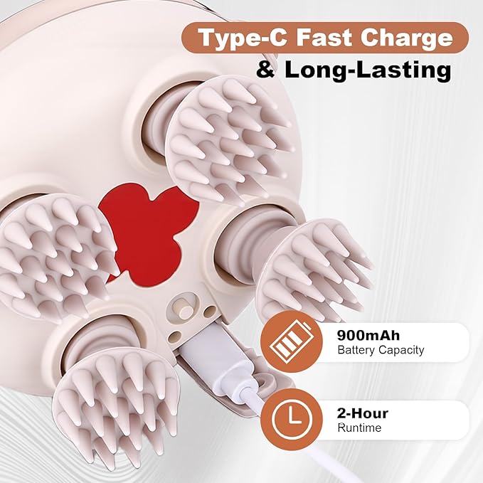 Electric Scalp Massager, Head Massager Relaxes Scalp Pressure & Promotes Hair Growth, Soft Silicone Claws Scratcher Replaceable, Compact, Portable and Rechargeable