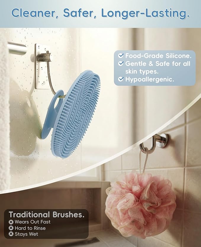 Soft Silicone Shower Brush Body Wash Bath Exfoliating Skin Massage Scrubber, Dry Skin Brushing Glove Loofah, Fit for Sensitive and All Kinds of Skin(Mint+Blue)