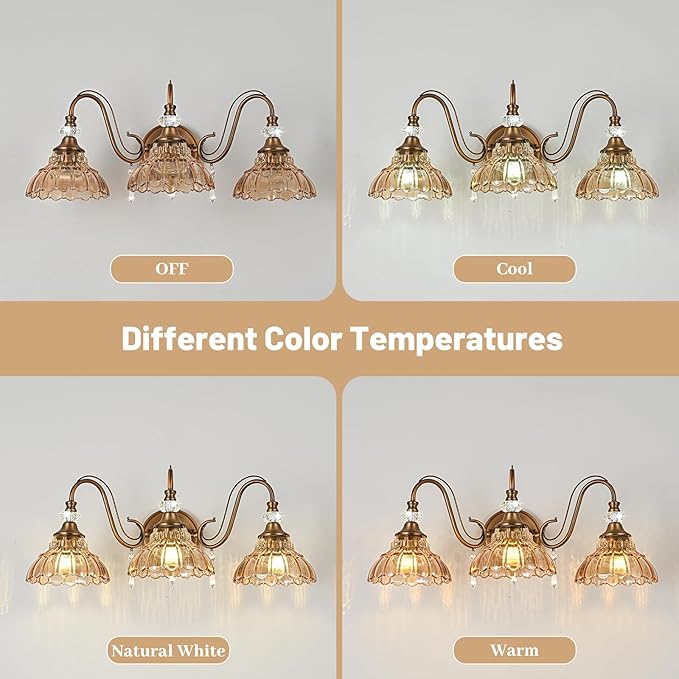 Vintage Bathroom Vanity Light, 3-Light Matte Antique Brass Finish Wall Sconce with Hanging Crystal Accents and Flower-Shaped Amber Glass Shades, Retro Wall Mount Vanity Light Over Mirror for Bathroom