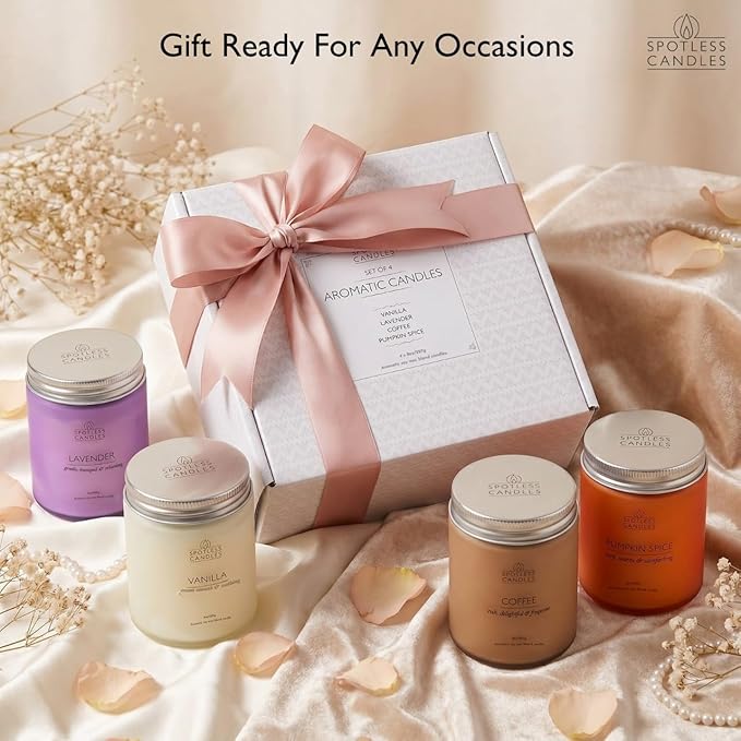 Candles for Women - 4 x 8oz Colored Glass Jars (3.7" H x 2.87" Dia) Mixed Set of Classic Scents Pumpkin Spice, Coffee, Vanilla, Lavender, 200 Hours Burn Time, Classic Candle Set by Spotless Leopard