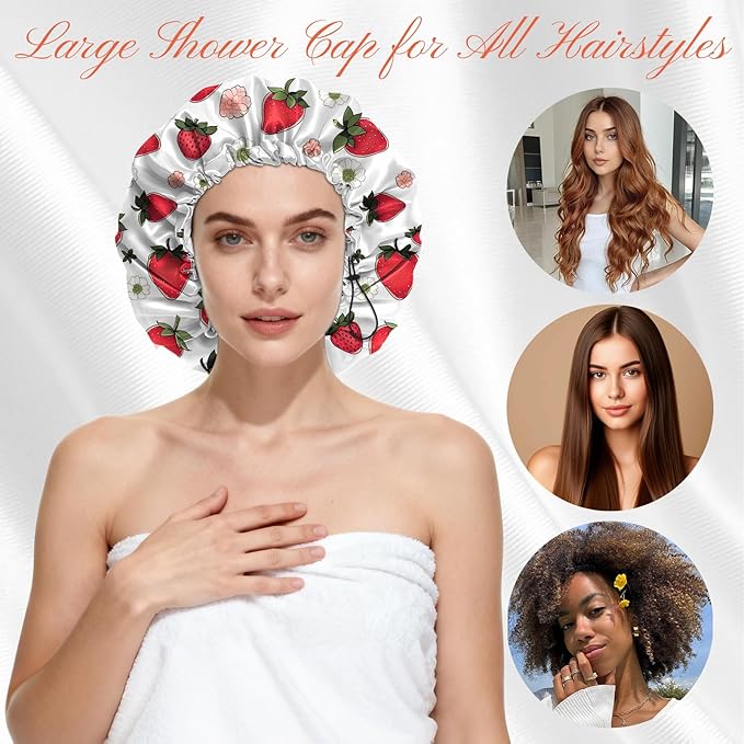 Shower Cap Reusable Double Layer Adjustable Elastic Waterproof EVA Hair Bath Caps for Women Girls Cute Aesthetic-Strawberry