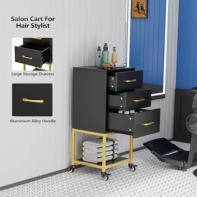 OmySalon Beauty Salon Storage Trolley Cart, Salon Station for Stylist, Wooden Hair Cabinet with Dryer Holder & Drawer, Hairdressing Tools Organizer Equipment for Spa Barbershop Lash Tattoo, Black