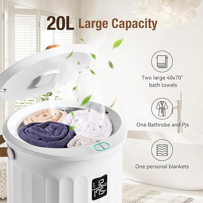 Towel Warmer for Bathroom, Portable Towel Warmer with Towel Clip, LED Display, Auto Shut-Off, Safety Lock, Towel Warmer Bucket Fits Two Oversized Towels, Bathrobes, Blankets, Pjs - White