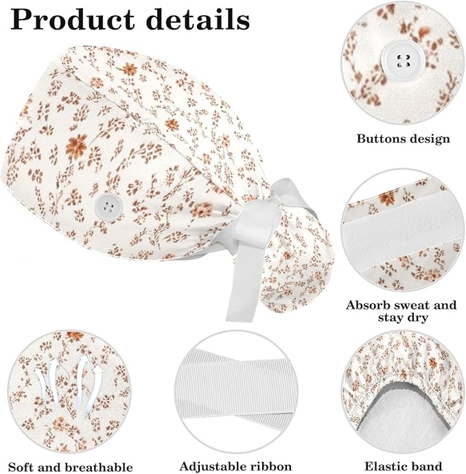 Scrub Caps Women Nursing Hats Floral Flowers with Buttons Ponytail Working Adjustable Pouch Tie Back
