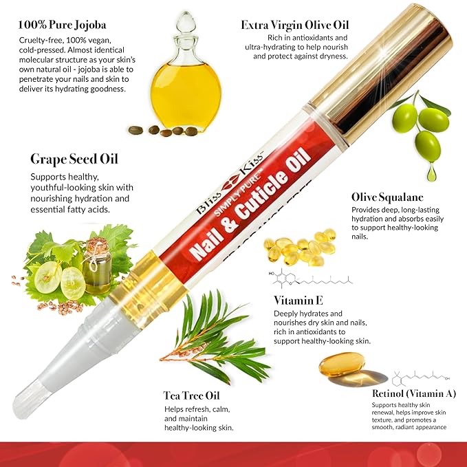 Bliss Kiss Fragrance Free Nail Oil Cuticle Pen with Vitamin E & Jojoba - Nail Strengthener Nail Growth Serum for Brittle Peeling Breaking Thin Nails