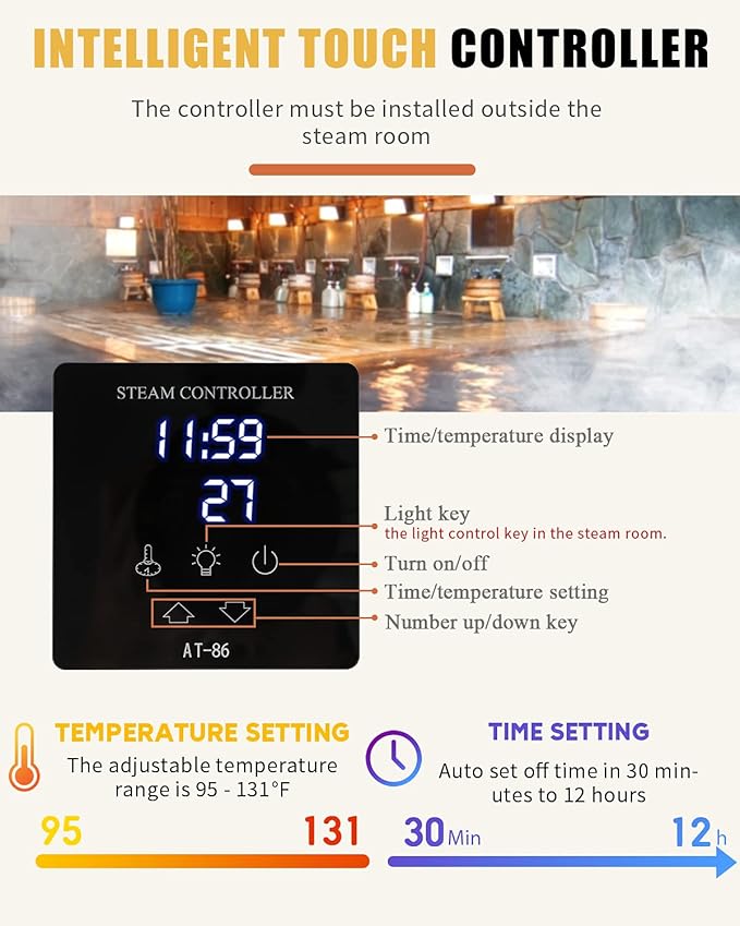 CGOLDENWALL 9KW Commercial Self-Draining Steam Generator Shower System Home Steam Bath Spa Generator 30 min to 12 Hours with Auto Drain 95-131℉ for Suitable Space Heating 9 m³/318 Cubic feet (9KW)